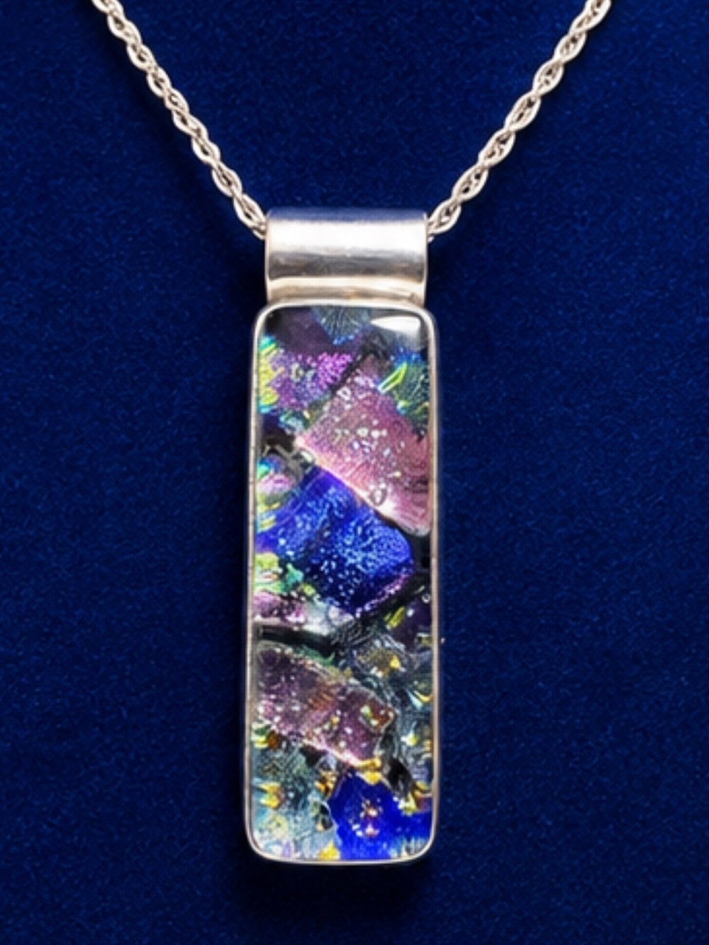 Pendant Dichroic Glass 925 Solid Sterling Silver Colorful Bar Necklace